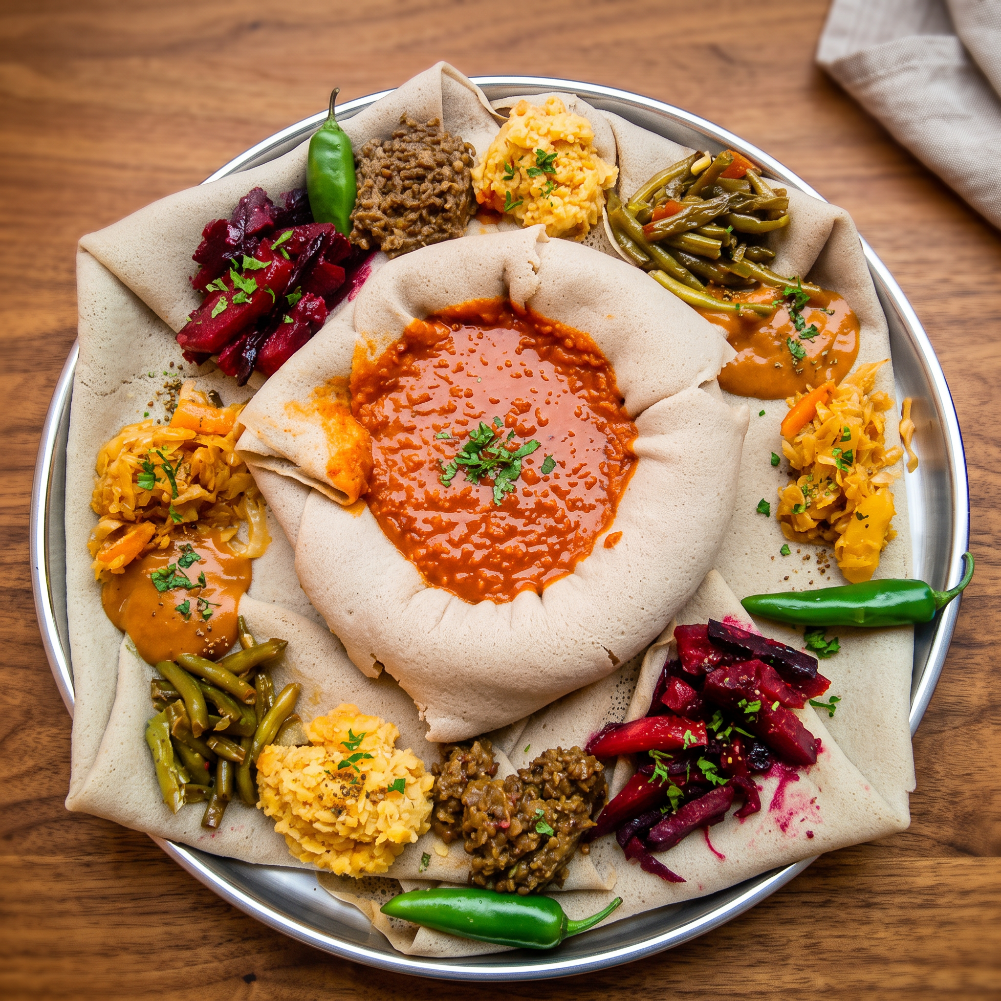 Overhead view of a colourful Habesha vegetarian injera platter loaded with lentil stews, salads and vegetables